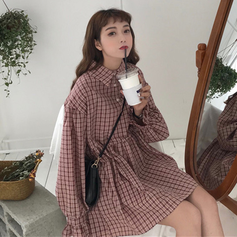 春裝新款韓版學院風小清新格子連衣裙女甜美百搭長袖襯衫裙娃娃裙